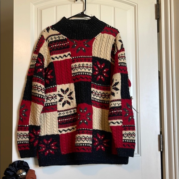 Vtg Jones New York Sweater Women Hand Knit Wool Heavy Holiday Red Green Cream - Picture 1 of 6